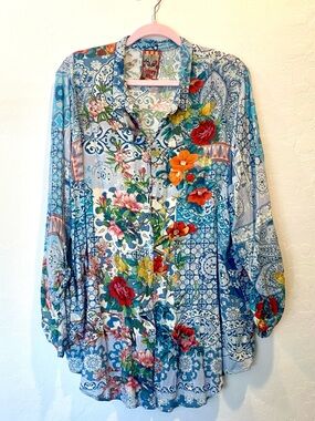 JOHNNY WAS Rayon Roll-Tab Sleeve Blue Floral Paisley Button-Down Blouse XXL